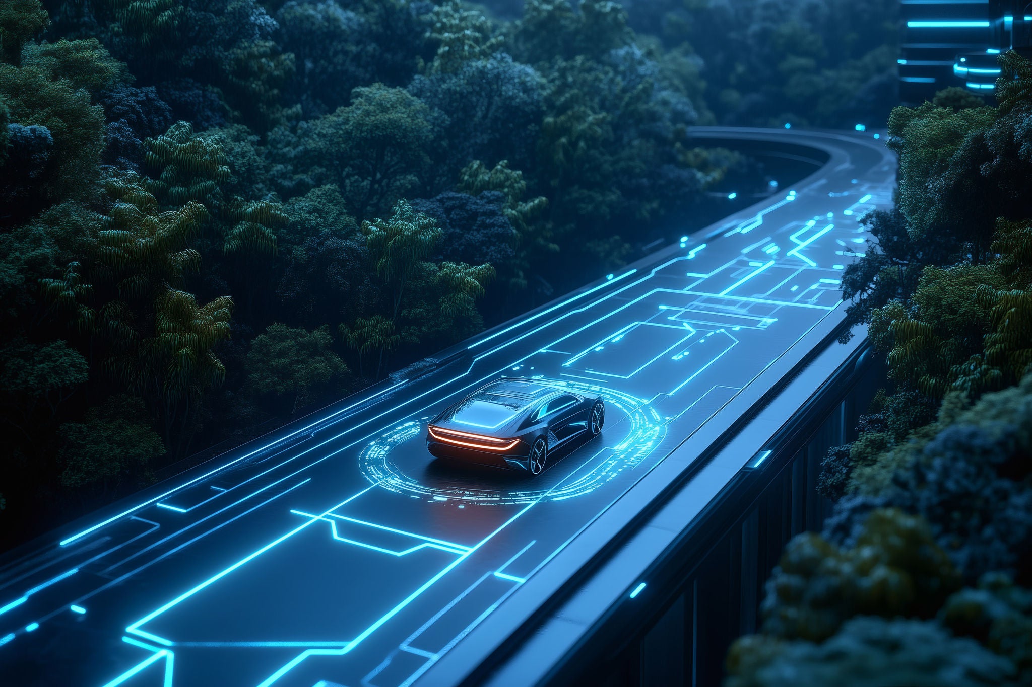 Voiture futuriste sur une autoroute intelligente illuminée