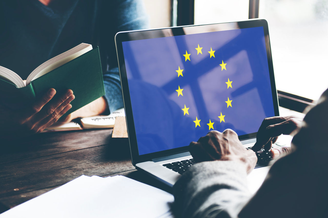 Personne utilisant ordinateur portable avec drapeau ue et livre